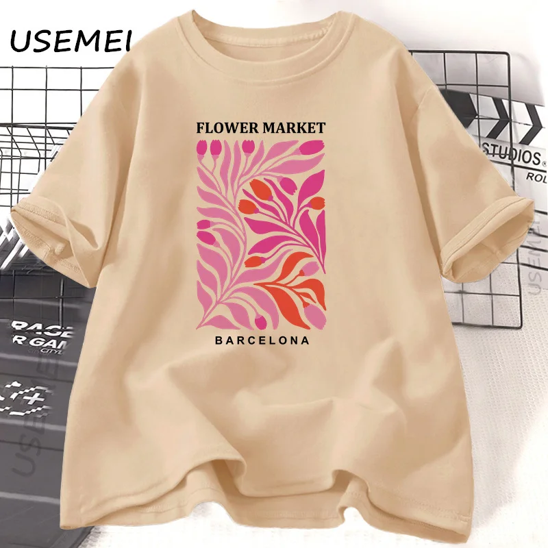 Flower Market Barcelona Tshirt Woman Cotton Flower T-shirt Casual Short Sleeve Round Neck Summer Graphic T Shirts Clothes Tops