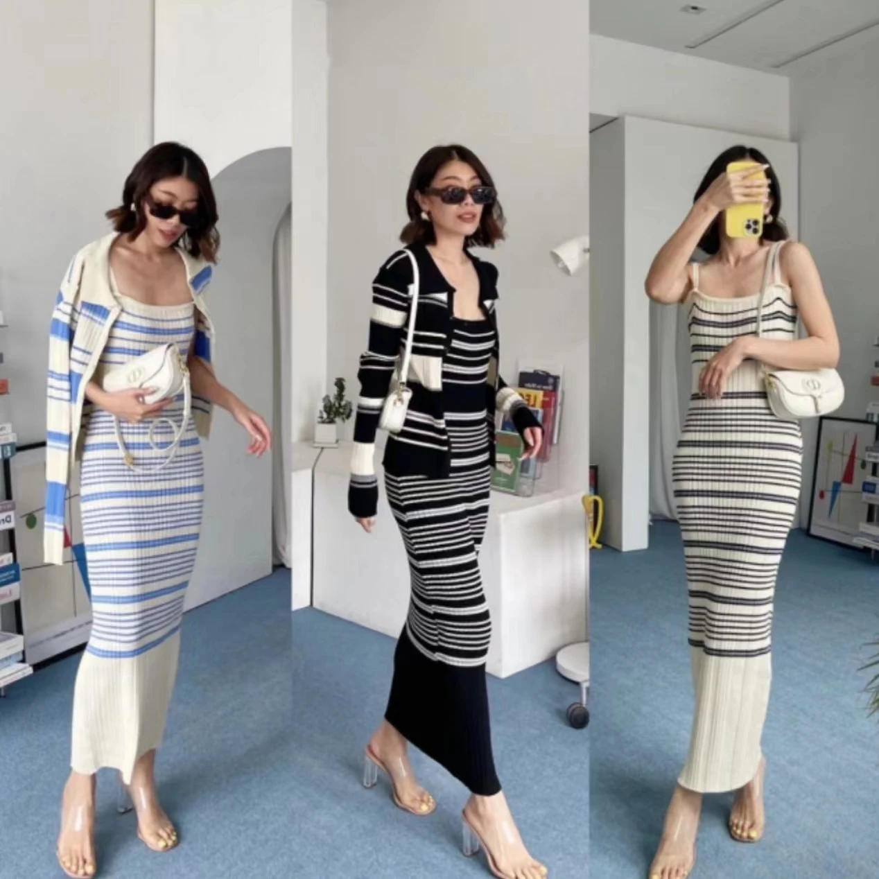 New Knitted Striped Dress Set Women Long Sleeve Cardigan + Long Sling Bodycon Dresses Two Piece Sets Womens Outfits Knitted Suit