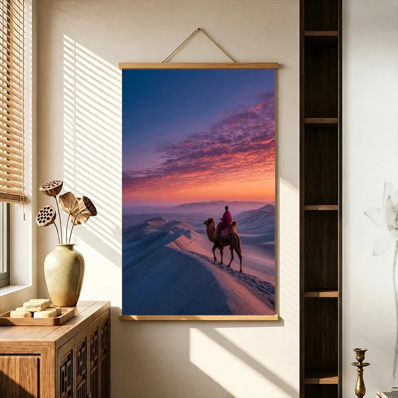 Wall Decorations Moonlit Desert Journeys beneath Starry Skies, Pearlescent Canvas Hanging Scroll for Desert Retreat Wall Decor
