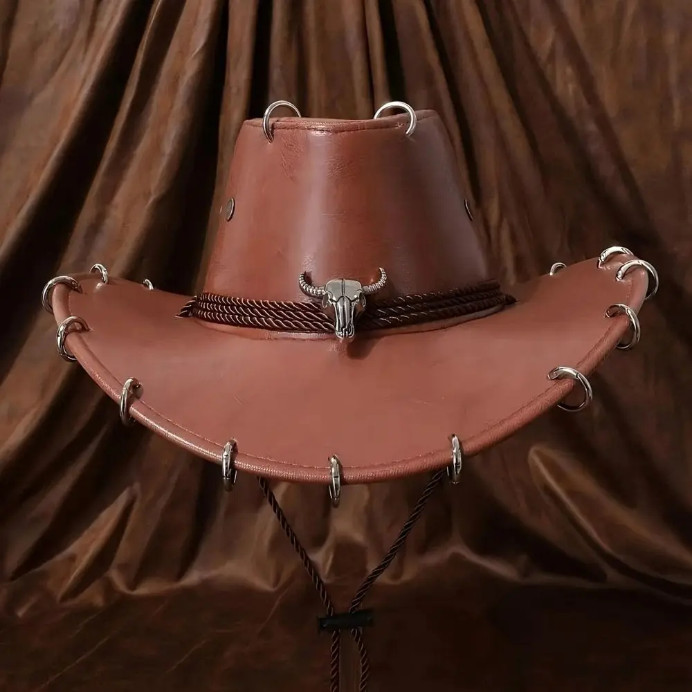 Shadow Hat Wide Brim Western Cowboy Hat Pu Leather Ethnic Style Panama Cap Solid Color Punk Top Hat Girl