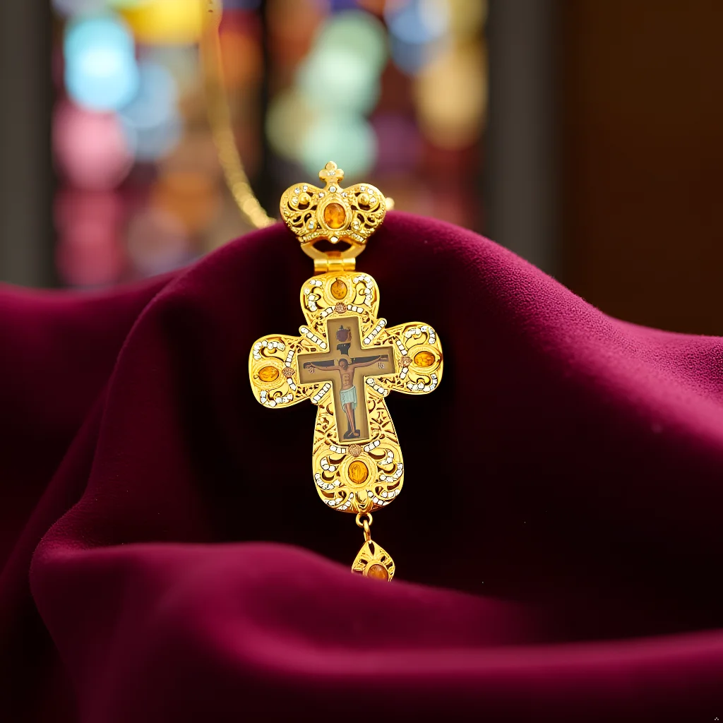 Orthodox Priest Cross Pendant Gold Plated Filigree with Yellow Gem Rhinestones  Crown Top Religious Necklace Gift Box