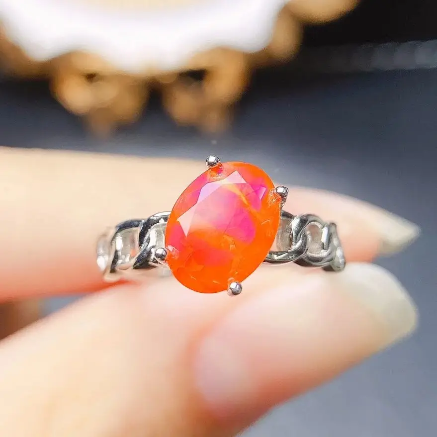 Opal Rings for Women 925 Silver Natural Orange Opal Solitaire Ring Cuba Band October Birthstone Ring Anniversary Promise Ring