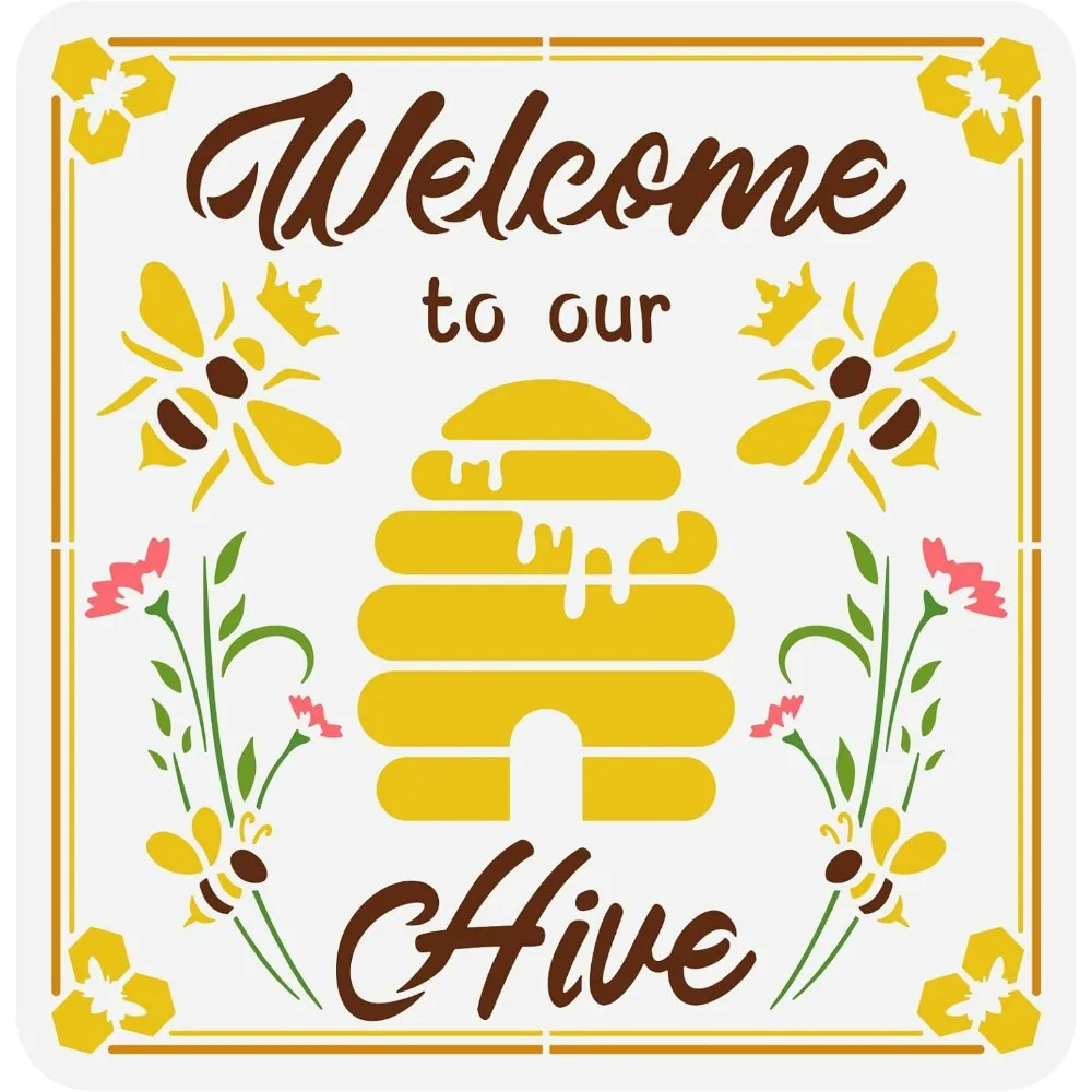 Welcome to Our Hive Stencil 11.8x11.8inch Reusable Honeycomb Stencil Bumblebee Flower Drawing Stencils DIY Craft Honey Bee