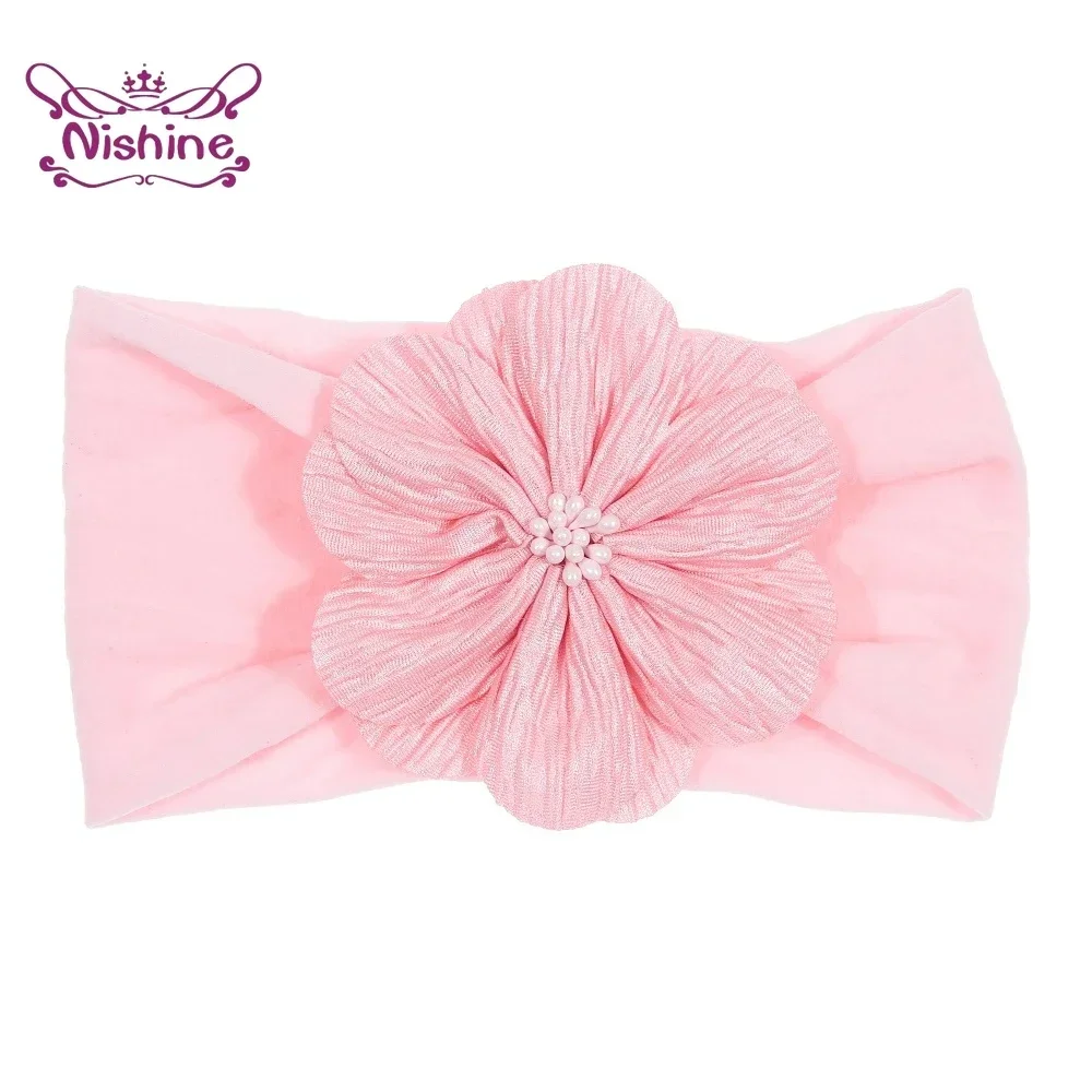 1PCS Baby Girls Fabric Flower with Stamen Nylon Headband Knot Elastic Newborn Toddler Turban Headwraps Kids Hair Accessories