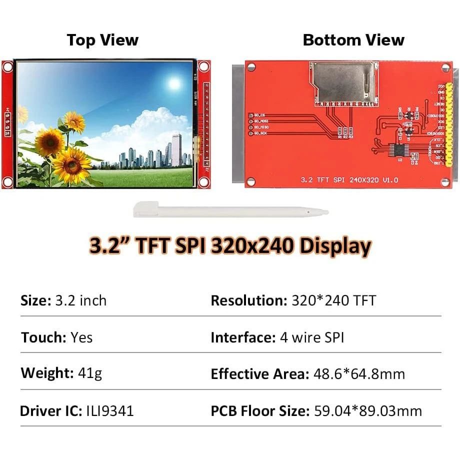 3.2 Inches TFT LCD Touch Screen Shield Display Module 320x240 SPI Serial ILI9341 with Touch Pen Compatible with Arduino R3/Mega2