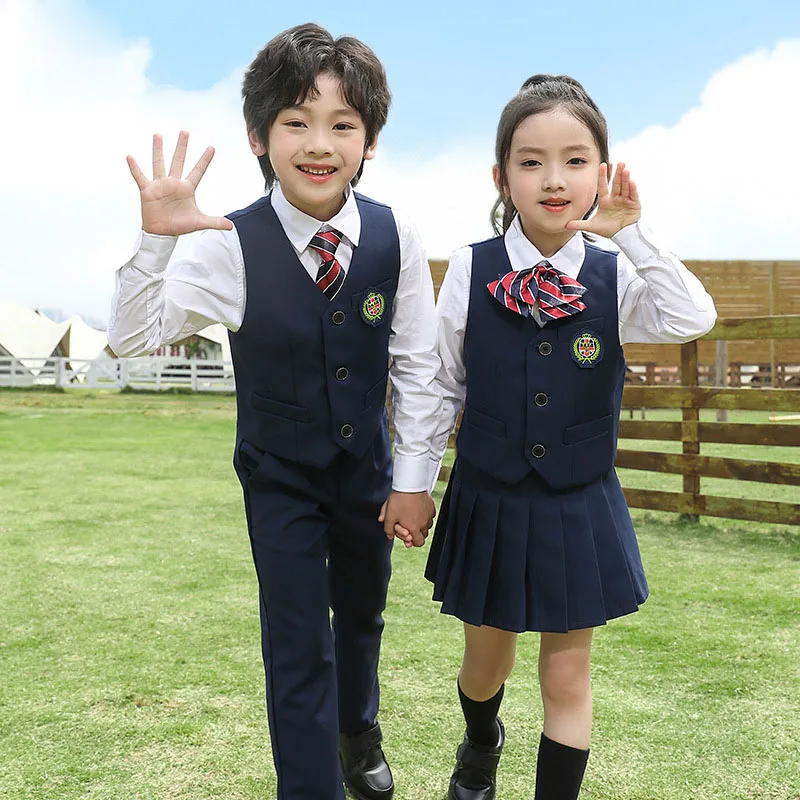 Kid Korean Japanese School Uniform for Boy Girl White Shirt Navy Skirt Pants Waistcoat Vest Tie Clothes Set Student Outfit Suit