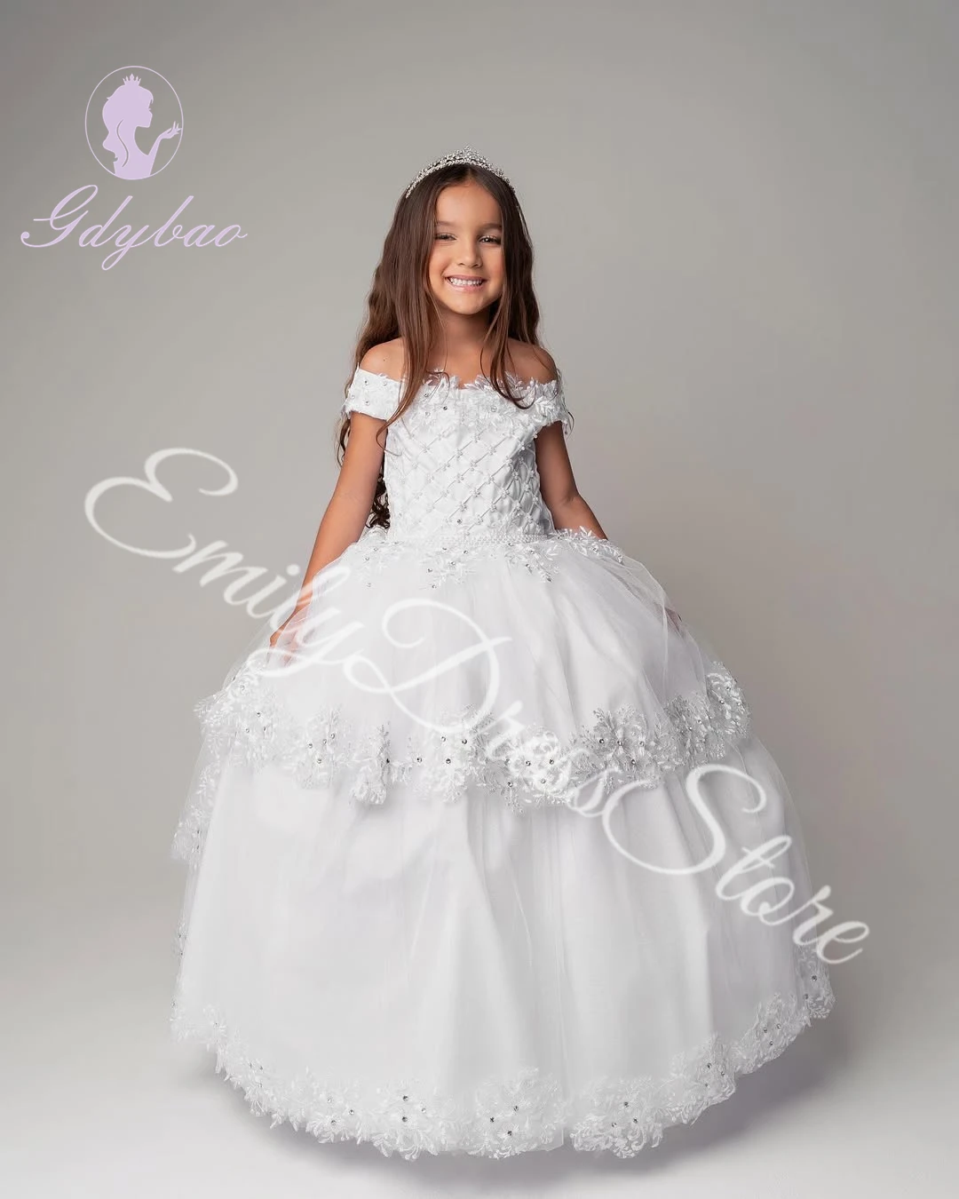 

Белое платье с цветочным узором для девочек по индивидуальному заказу на свадьбу, кружевное пышное платье с бантом и открытыми плечами, детское платье для первого причастия на день рождения