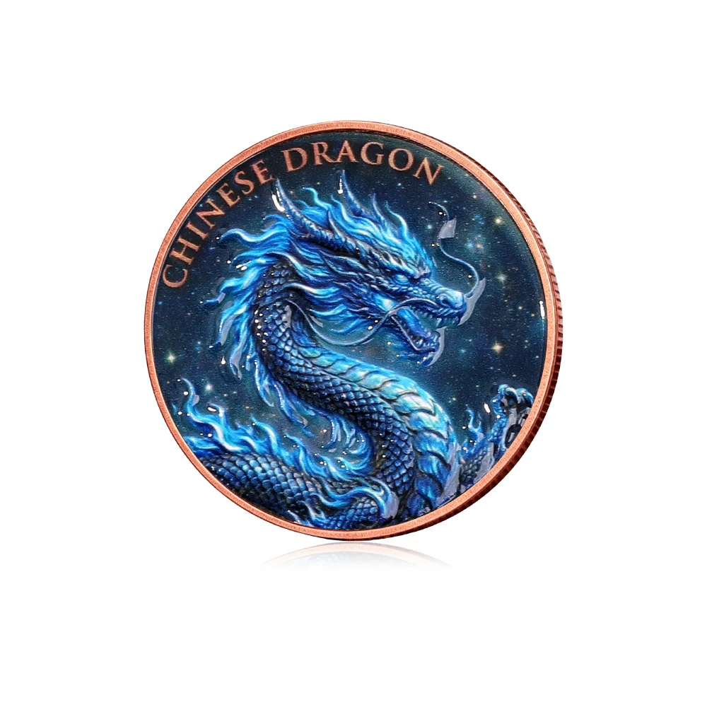 Blue Dragon Challenge Coin Copper Plated Colorful Printed Collectible Medallion Lucky Gift for Collectors