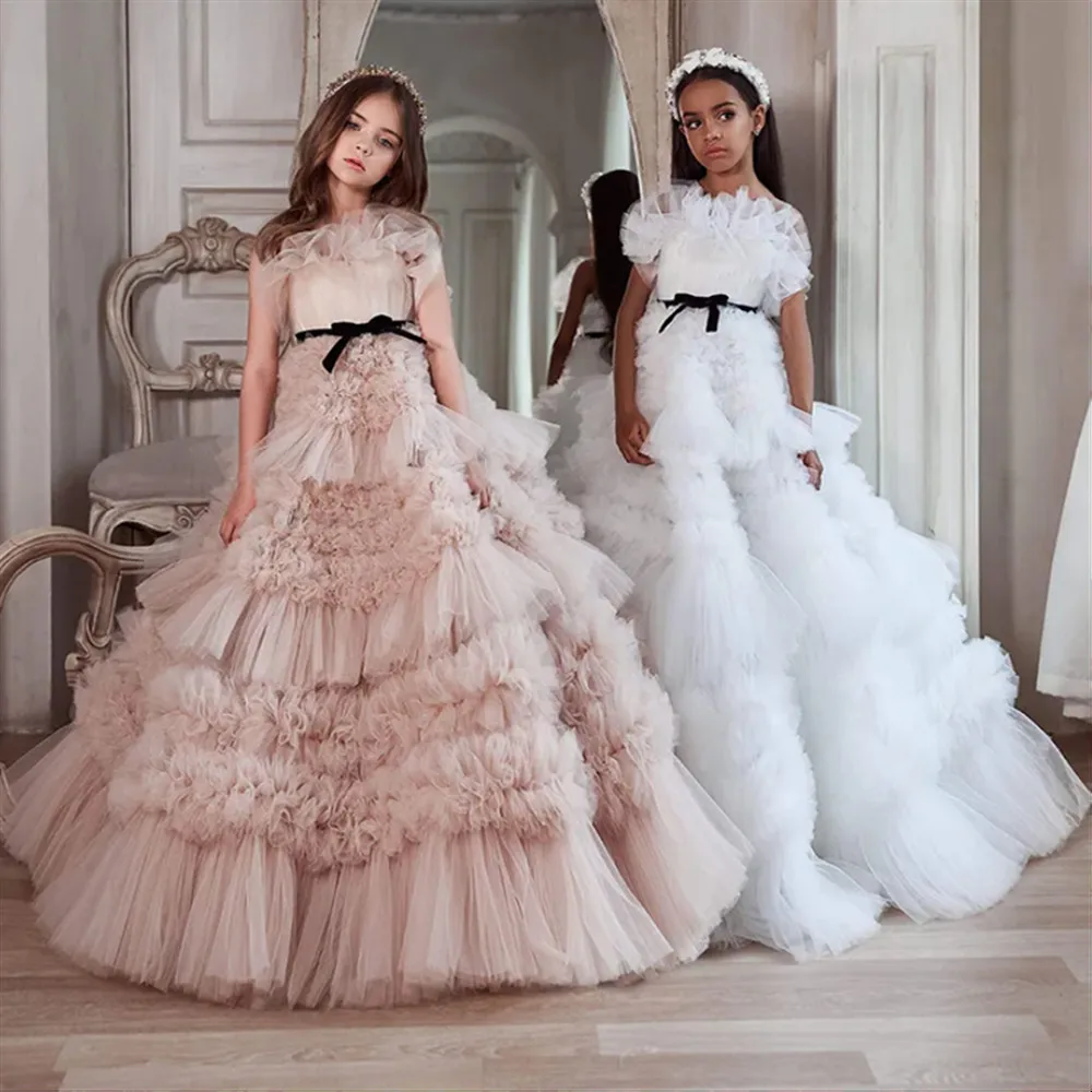 

Elegant Customized Flower Girl Wedding Dress Sleeveless with Bow Tiered Puffy Princess Birthday Party First Communion Gown
