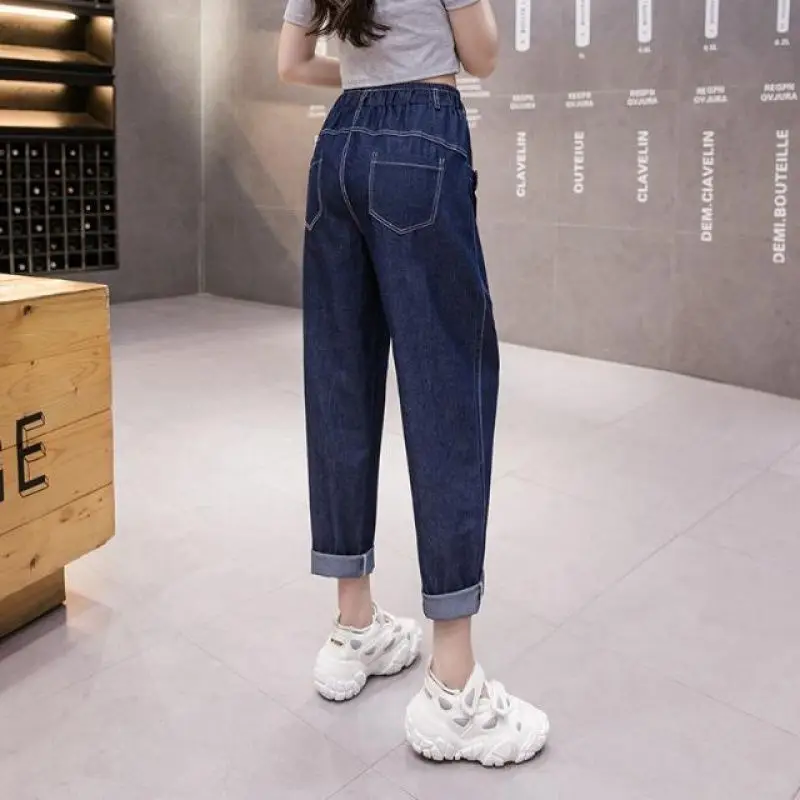 Celana panjang Denim wanita, celana Haren Jeans longgar mode musim semi musim gugur baru dengan pinggang elastis pertunjukan pinggang tinggi ayah tipis