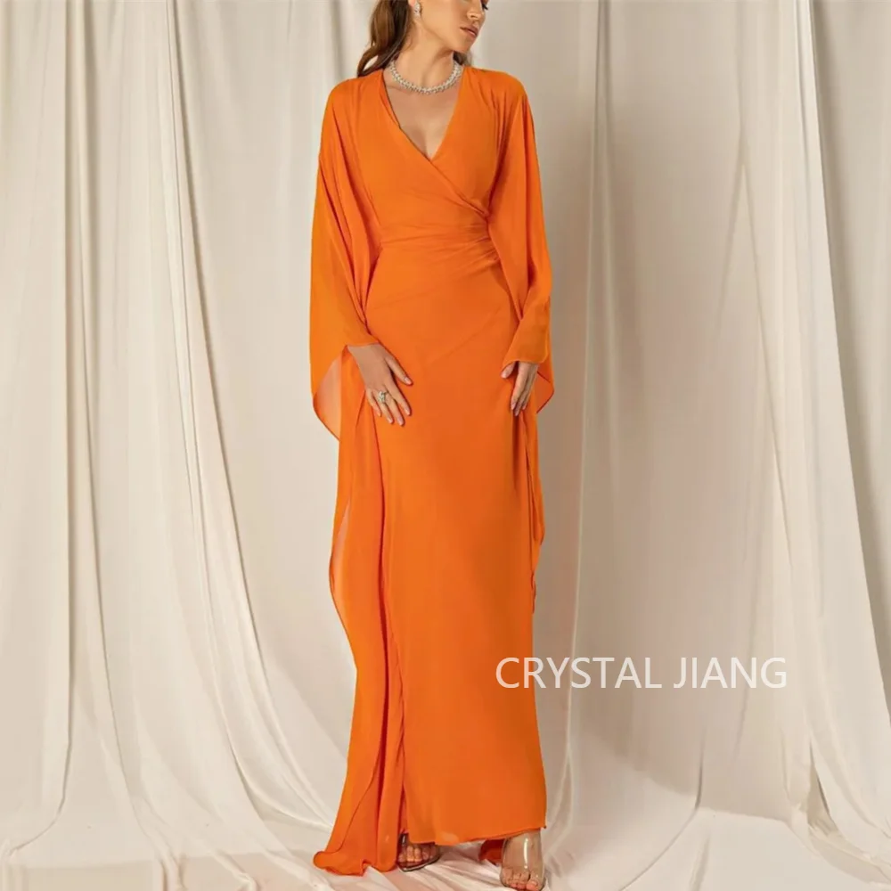 

Elegant Long Orange V Neck Chiffon Evening Dresses Full Sleeves A Line Pleated Floor Length فستان سهرة نسائي