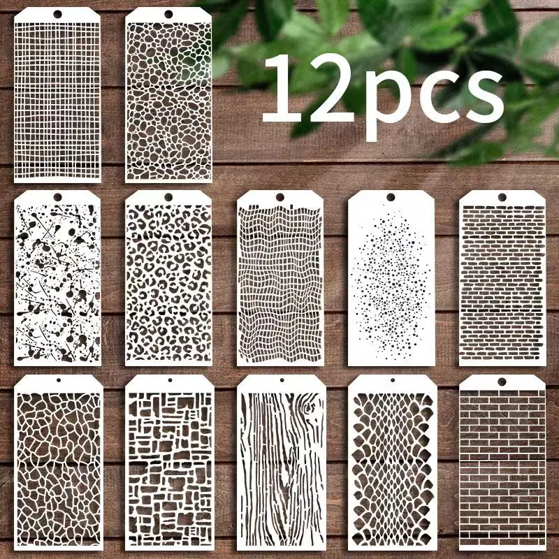 

12 Pieces Hollow Painting Stencils Texture Theme DIY Template Ruler for Student Scrapbook Journal Border Drawing Craft