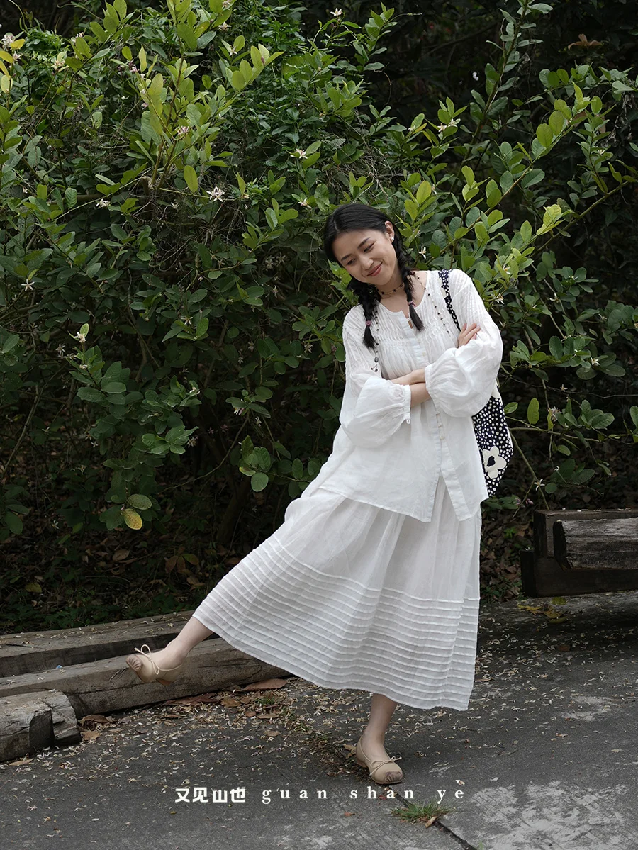 

Women's Spring Summer Loose Feelings Shirt Skirt Set Handmade Sewing Long Sleeve Midi Dress Style Handkerchief Hem Cotton Linen