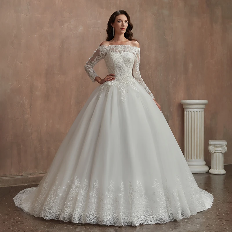 Long sleeve Boat Neck Lace elegent Wedding Dresses for Women Bridal Gown vestidos de novia robe de mariée Wedding Ceremony Dress