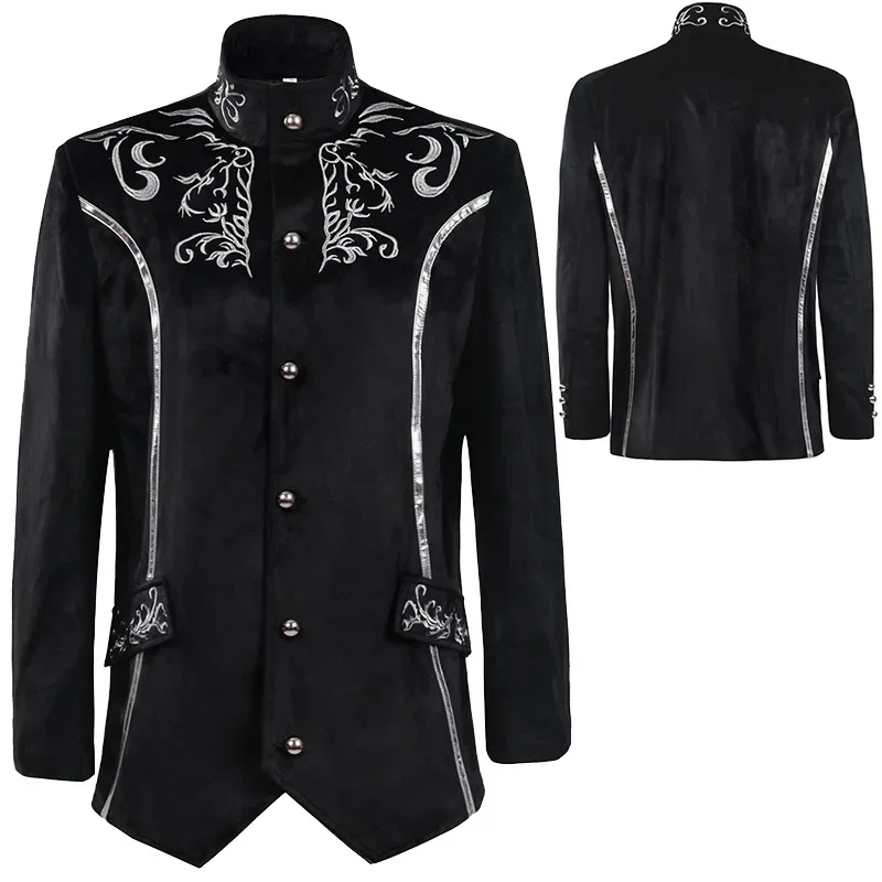 Million Christmas medieval men's fashion vintage coat stand up collar silver embroidered suede jacket