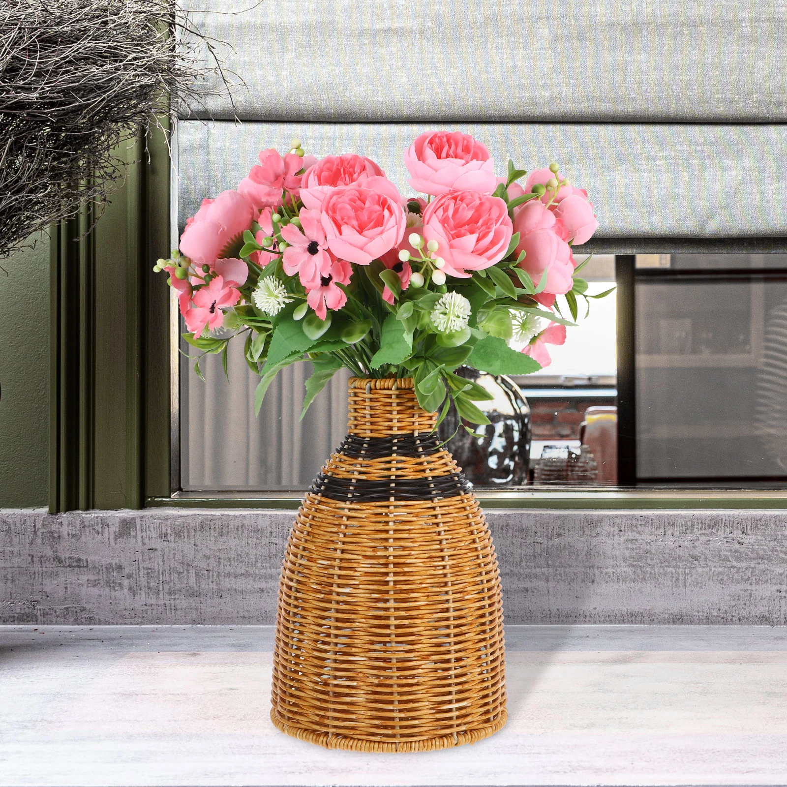 

Braided Vase Farmhouse Small Living Room Plastic Imitation Rattan Flower Pot Arrangement