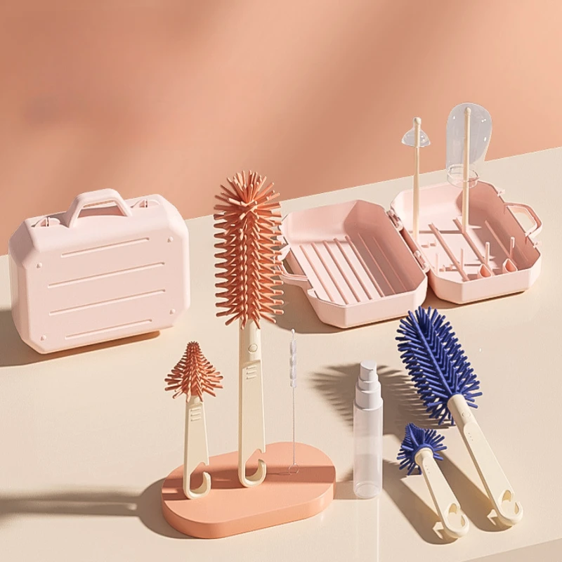 6 in 1 Baby Bottle Drying Rack Portable Cleaner Set with Cup Drain Cleaning Storage Box Silicone Bottle Cleaning Brush Tool Set view 3