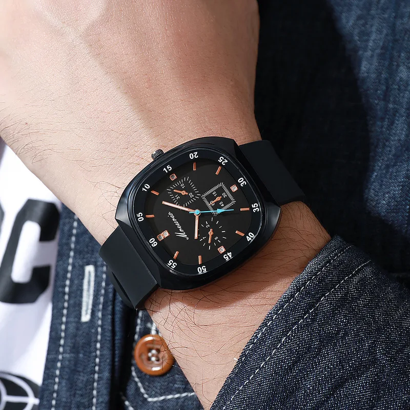 Men Quartz Watch Barrel Shape Silicone Strap Needle Fashion Business Casual Male Wristwatch Simple Stylish Black Boy Gifts