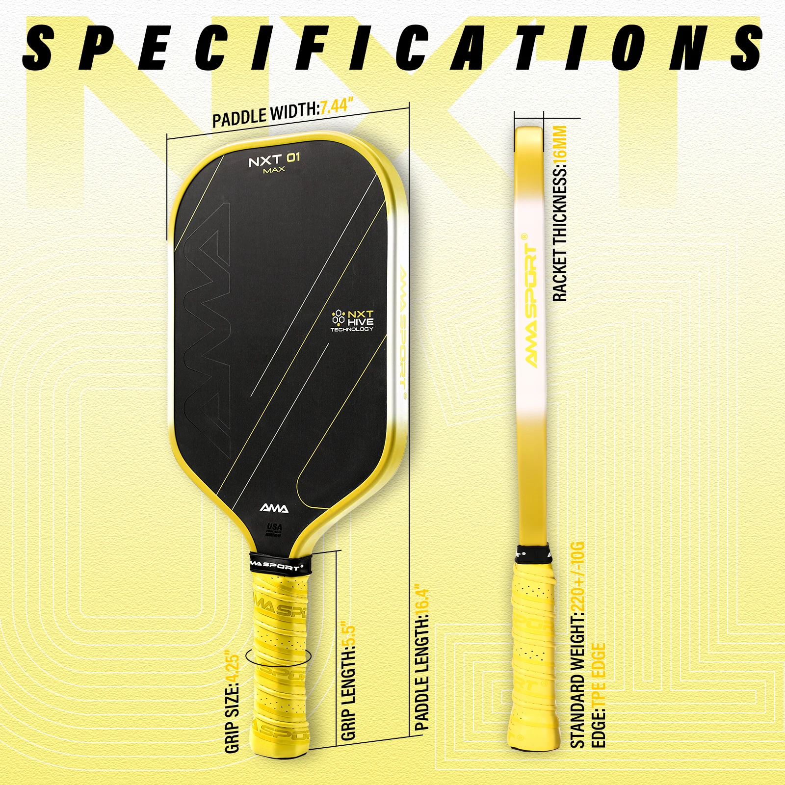 AMASPORT NXT MAX Raw Carbon Fiber Pickleball Paddle Charged Hive Core USAPA Compliant Approved for Power & Control Racket 16MM