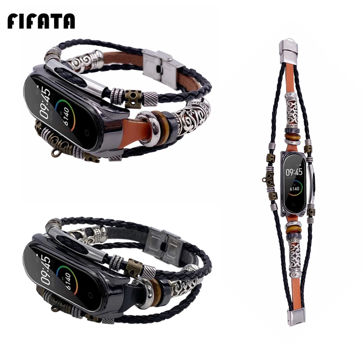 FIFATA Retro Beaded Style Metal+Leather Replacement Watch Strap For Xiaomi Mi Band 4/Mi Band 3 Smart Watch Wristband Accessories