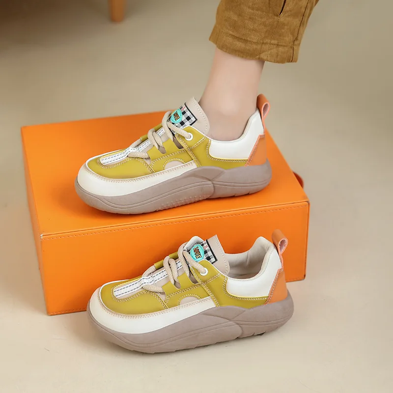 Thick Sole PU Face Women\'s Shoes 2023 Spring Autumn New Casual Single Shoes Women\'s Color Matching Sponge Sole Vulcanized Shoes