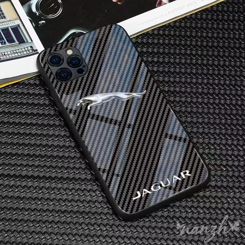 

Tempered Glass Right-angle Fully Wrapped Jaguar Car Logo Phone Protect Case For iPhone 11 Pro 12 13 14 Decoration Accessories