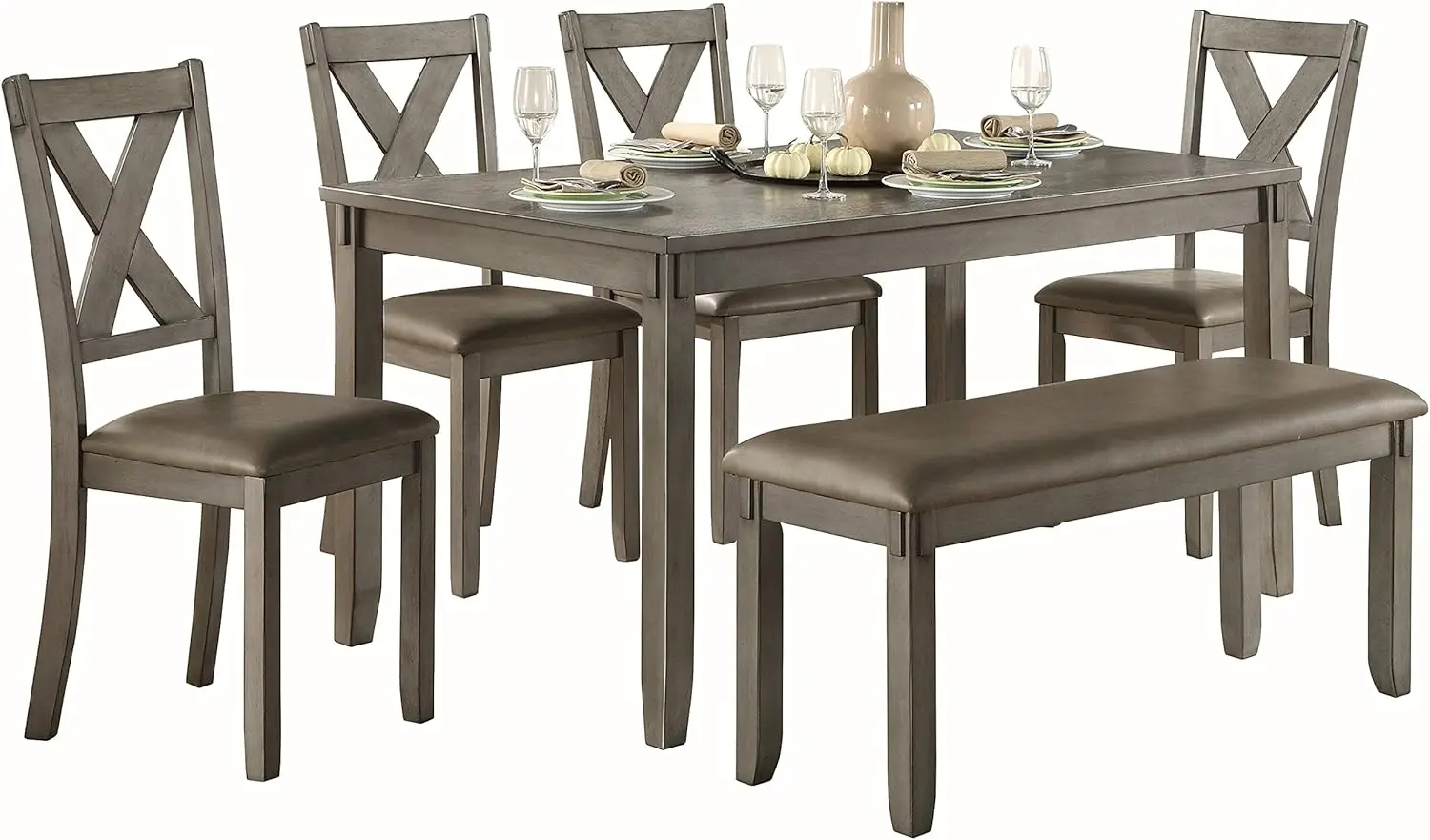 

6 Piece Kitchen Table Set, Gray Modern Dining Table with 4 Chairs and 1 Bench, Cross Back and Foam Upholstered Seat Cushion