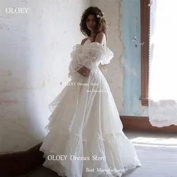 OLOEY Vintage White Chiffon Lace Ruched A Line Tiered Wedding Dresses Strapless Three Quarter Sleeve Floor Length Bride Gowns