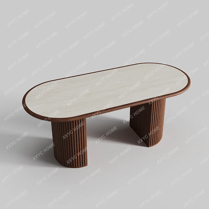 XXTravertine embedded rock slab solid wood dining table household small apartment oval high-end ash wood wabi sabi dining table