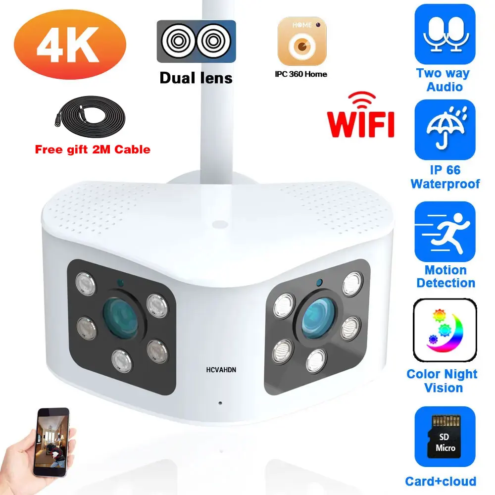 Dual Lens 4K 8MP Outdoor WiFi Camera with Wireless Security Protection CCTV Video Surveillance Home IP Cam 180 Degree Wide Angle