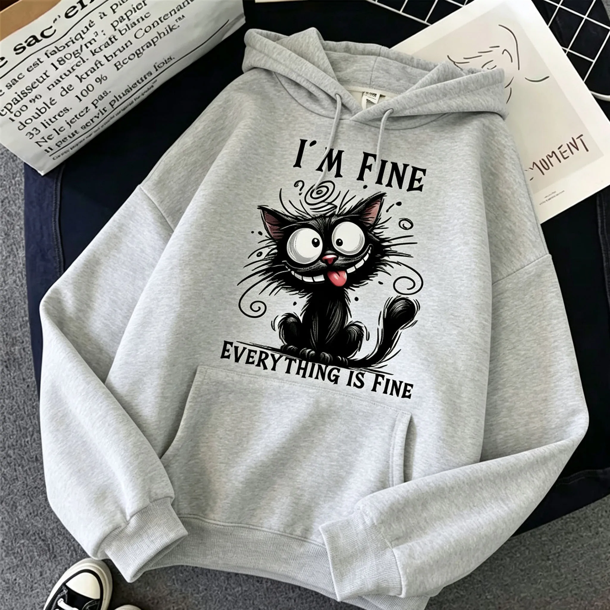 Damen „I'm Fine Everything Is Fine“ Schwarzer Katzen-Hoodie Lässiger Loser Langarm-Kapuzenpullover Lustiger Cartoon-Pullover Streetwear – Detail 9