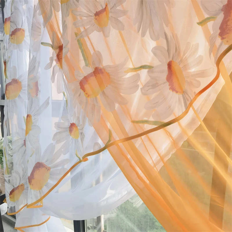 Pastoral Orange Yellow Kitchen Design Short Sheer Tulle Curtain For Balcony Living Room Door Window Partition Voile Half Drapes