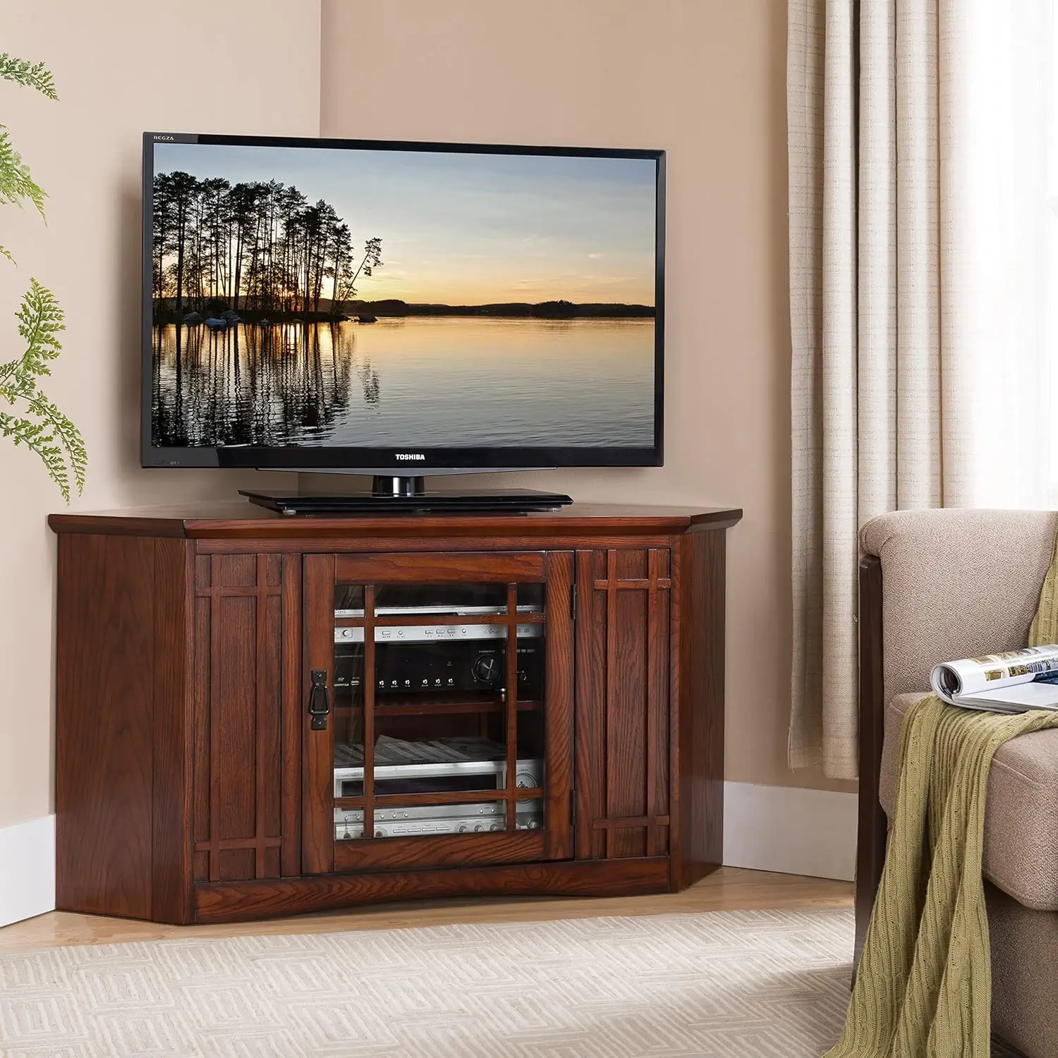 82285 Mission Corner TV Stand Made from Solid Wood, One Door and Adjustable Shelf, for 50" TVs, Mission Oak