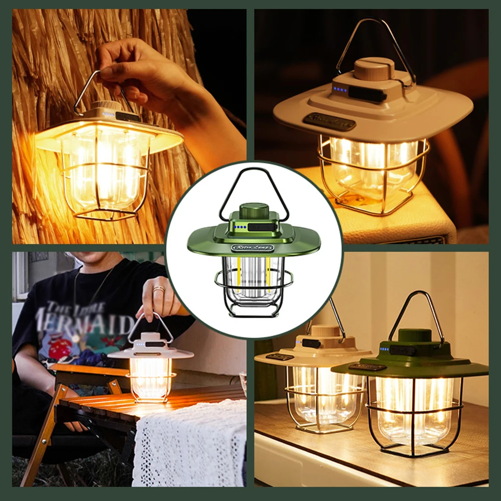 Mini Vintage Metal Hanging Lanterns 2000mAh Portable Camping Lamp USB Rechargeable Waterproof Outdoor Garden Lamp Tent Light