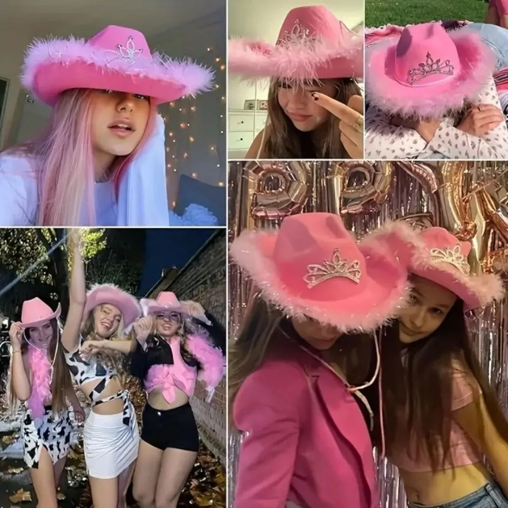 

Funny Pink Color Western Cowboy Cap Feather Edge Rhinestone Cowgirl Hat Sequin Decoration Tiara Cowgirl Hat for Party Dress