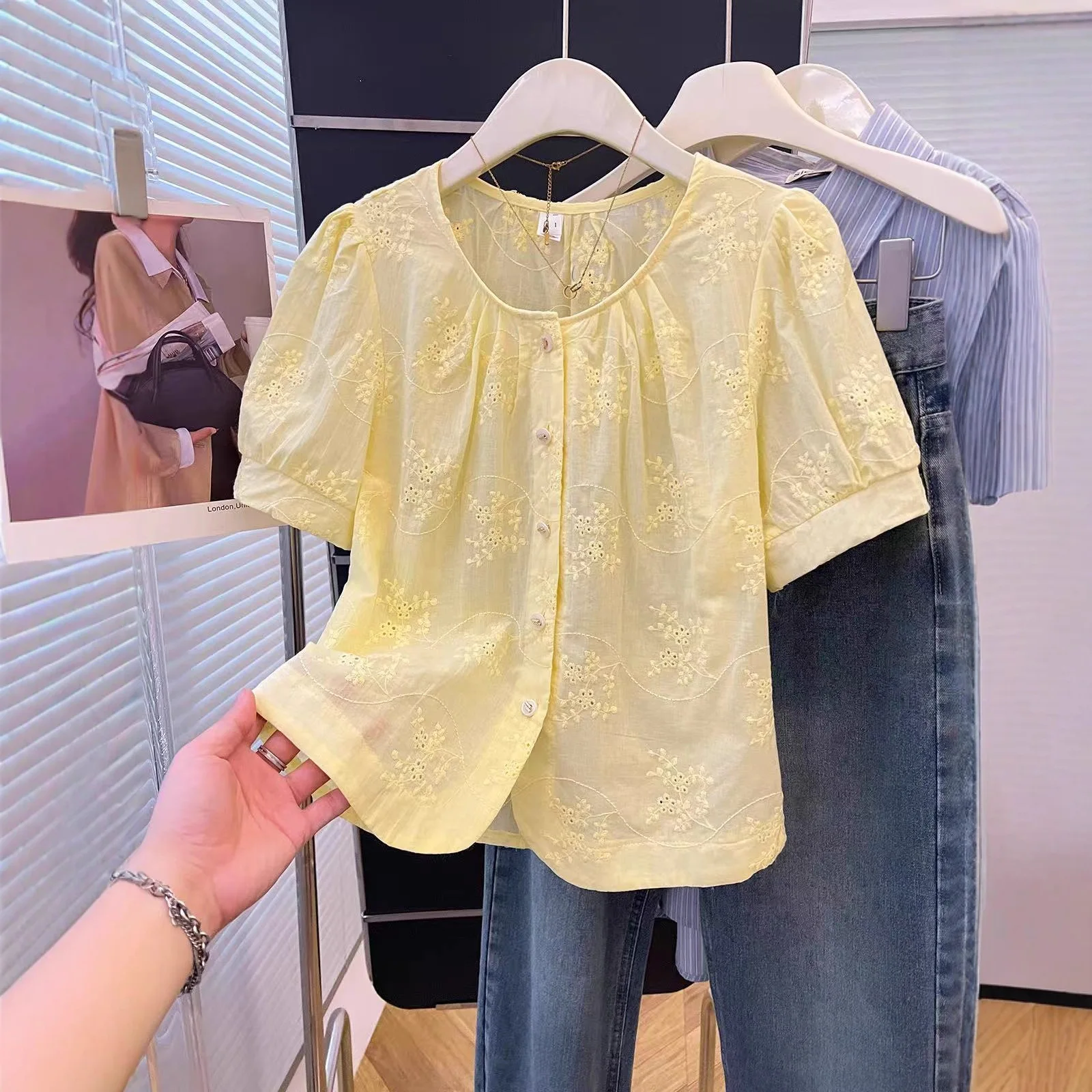 Light Yellow Floral Eyelet Embroidery Puff Short Sleeve Blouse Women Round Neck Gathered Front Button Down Casual Shirt