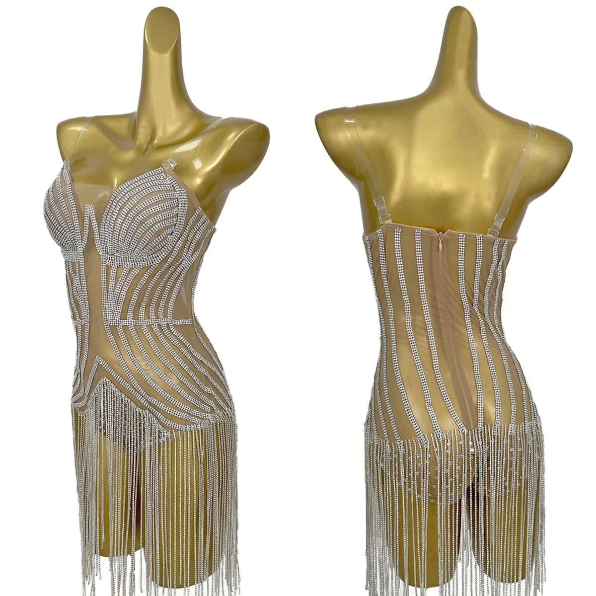 

Women Tassels Strapless Bodycon Sexy Mini Dress Celebrate Night Party See Throu Mesh Dress Birthday Prom Costume Bingdiantiao