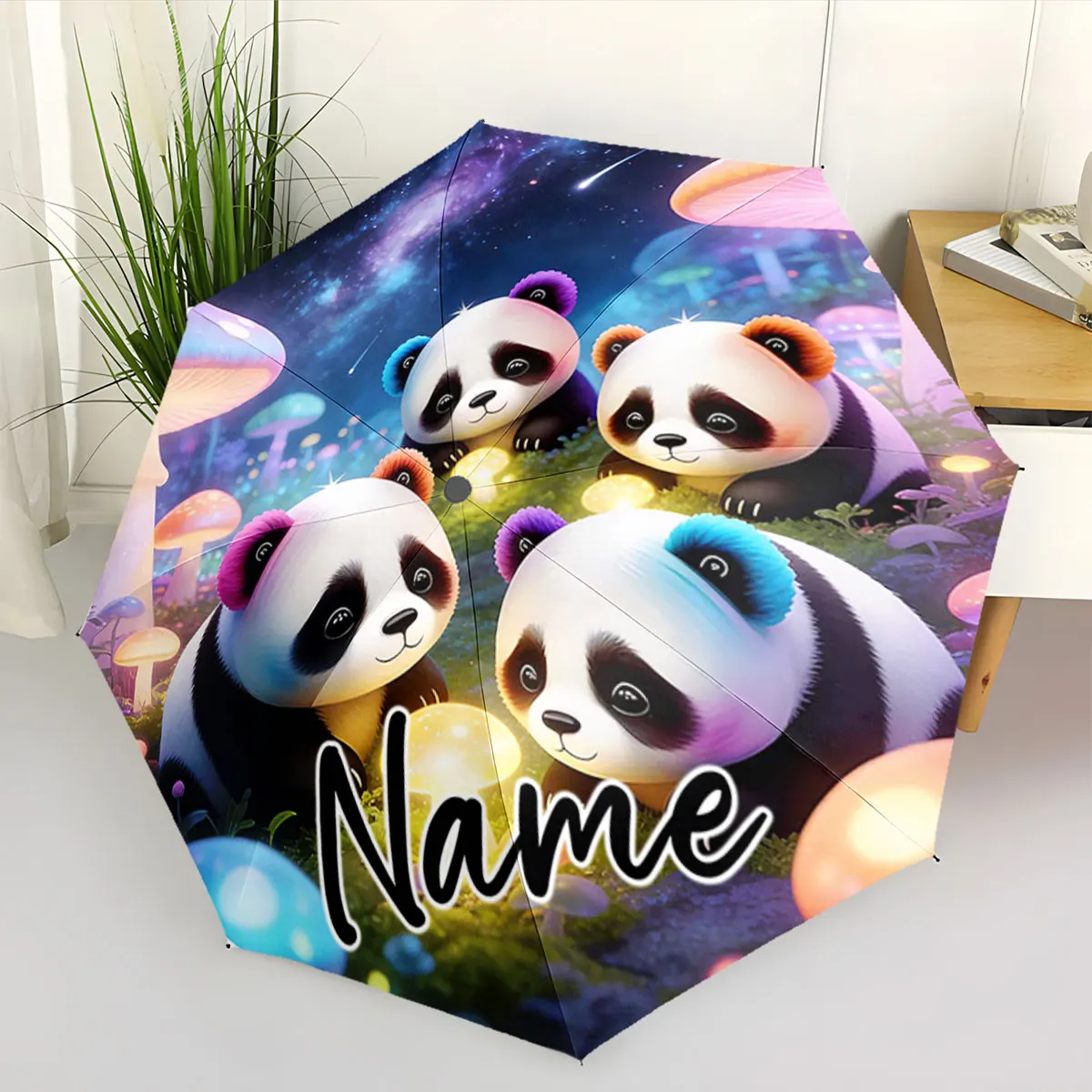 Custom Name Umbrella Whimsical Pandas in a Fantasy Forest Setting Print 8 Iron Ribs Folding Umbrella Auto-Open Fashion Sunshade