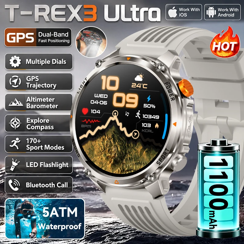 2026 New T-Rex3 Ultra 1100mAh Battery Smart Watch GPS path 5ATM Waterproof Run Ride Compass Sports tracker Heart rate Smartwatch
