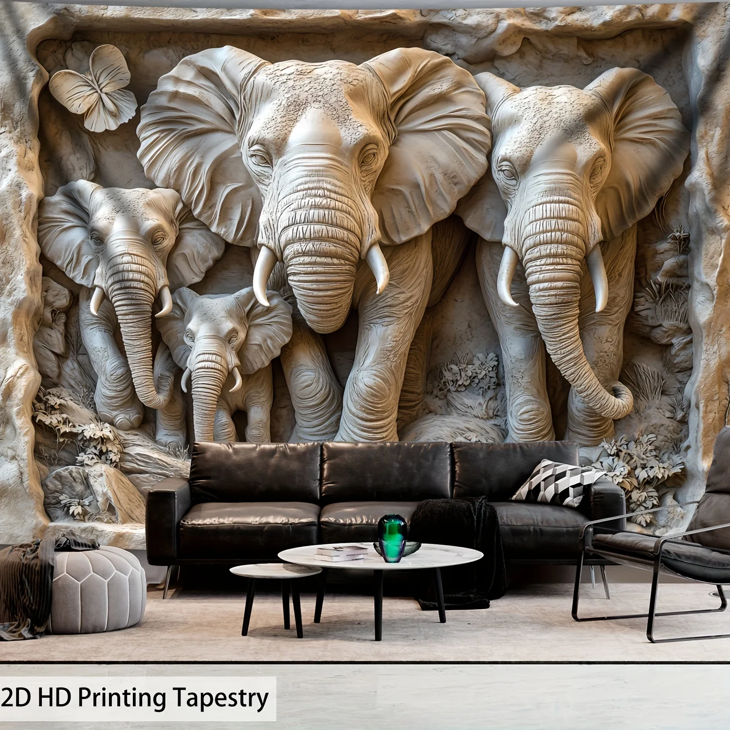 VIKAMA 3D Relief Elephant Family Tapestry Stone Cave Sculpture Animal Wall Hanging Living Room Bedroom Decor