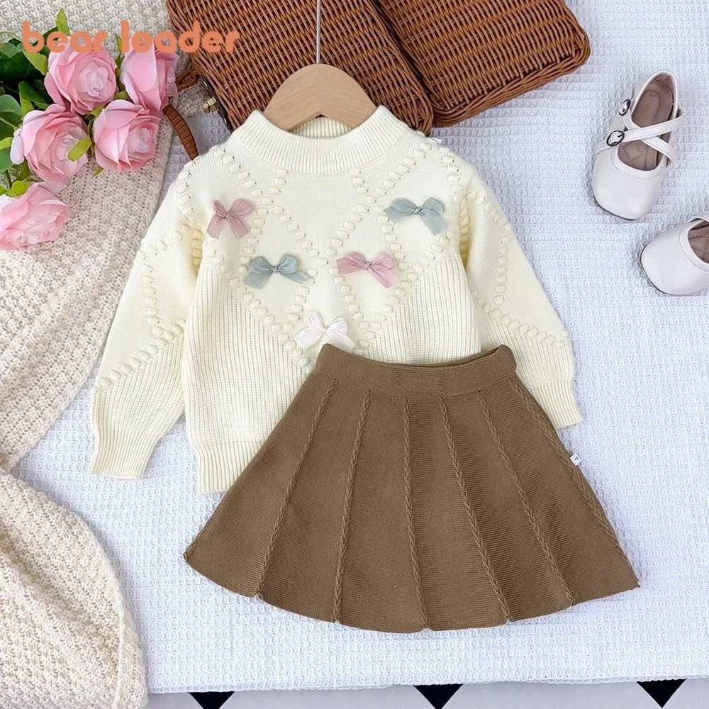 Girl's Beige Suits Winter Cute Bow Tie Sets Round Neck Long Sleeved Sweater+A-line Skirt Two Piece Sets Kids Clothes Girls