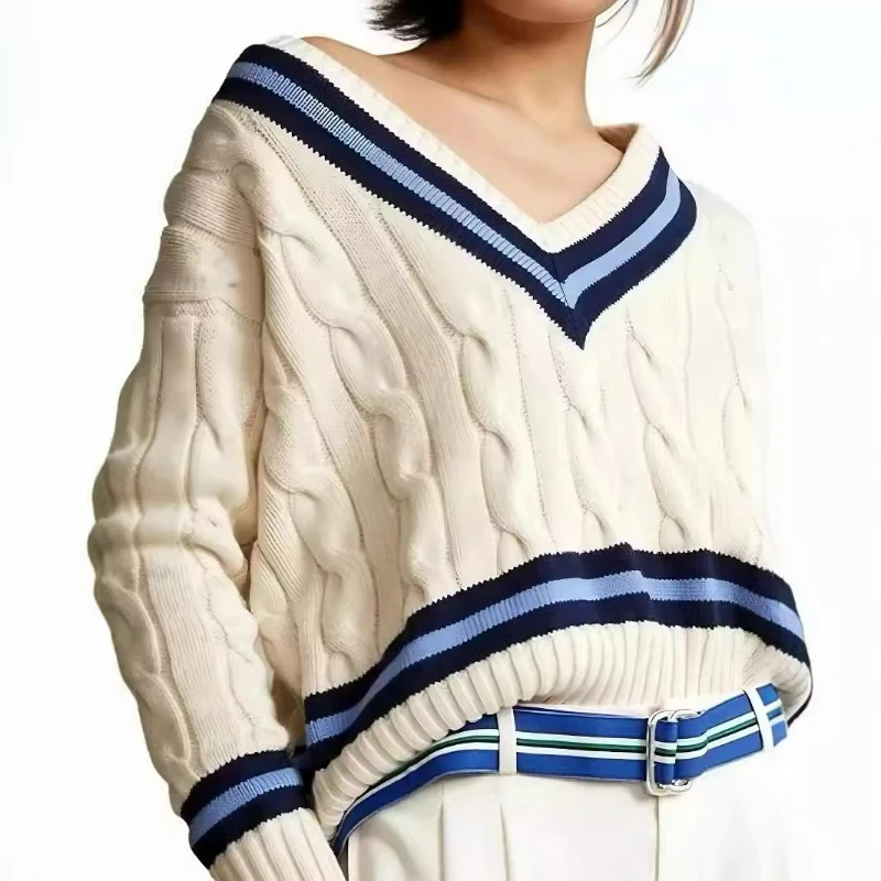 

Повседневный свитер с v-образным вырезом, уличная одежда, элегантные женские осенние свитера, женские вязаные свитера, полосатый толстый пуловер с длинным рукавом