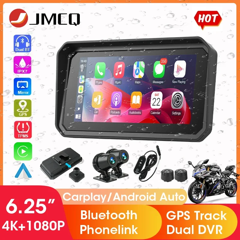 

JMCQ 6.25" 4K+1080P DVR Motorcycle GPS Navigation Waterproof Display Wireless CarPlay Android Auto Drive Recorder Moto Monitor