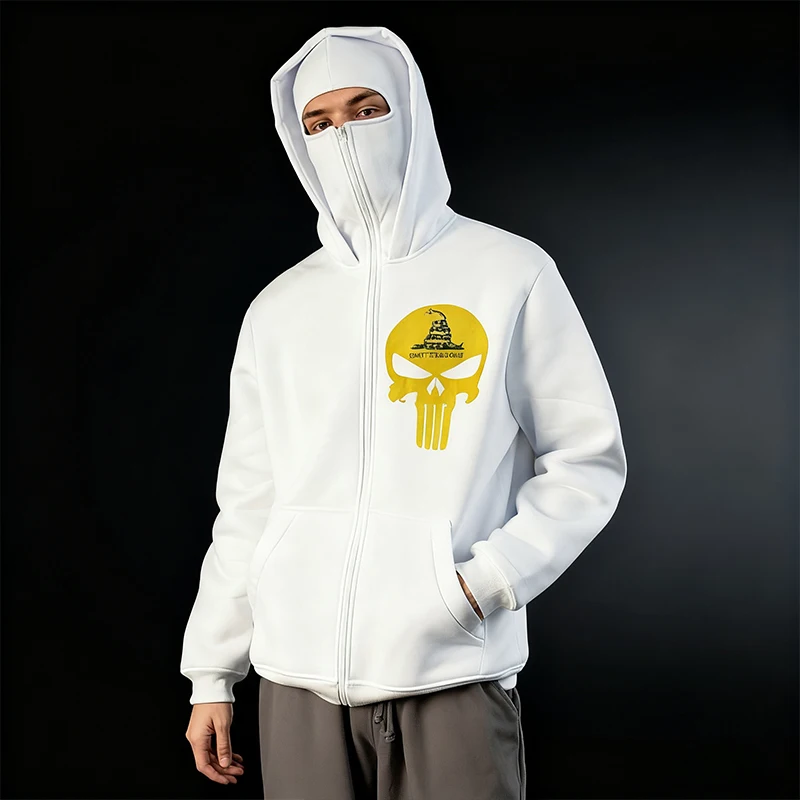Harajuku ocio superventas pulóver moda Sudadera con capucha serie cabeza de calavera patrón estampado Ninja cremallera blanco suelto gráfico Punk
