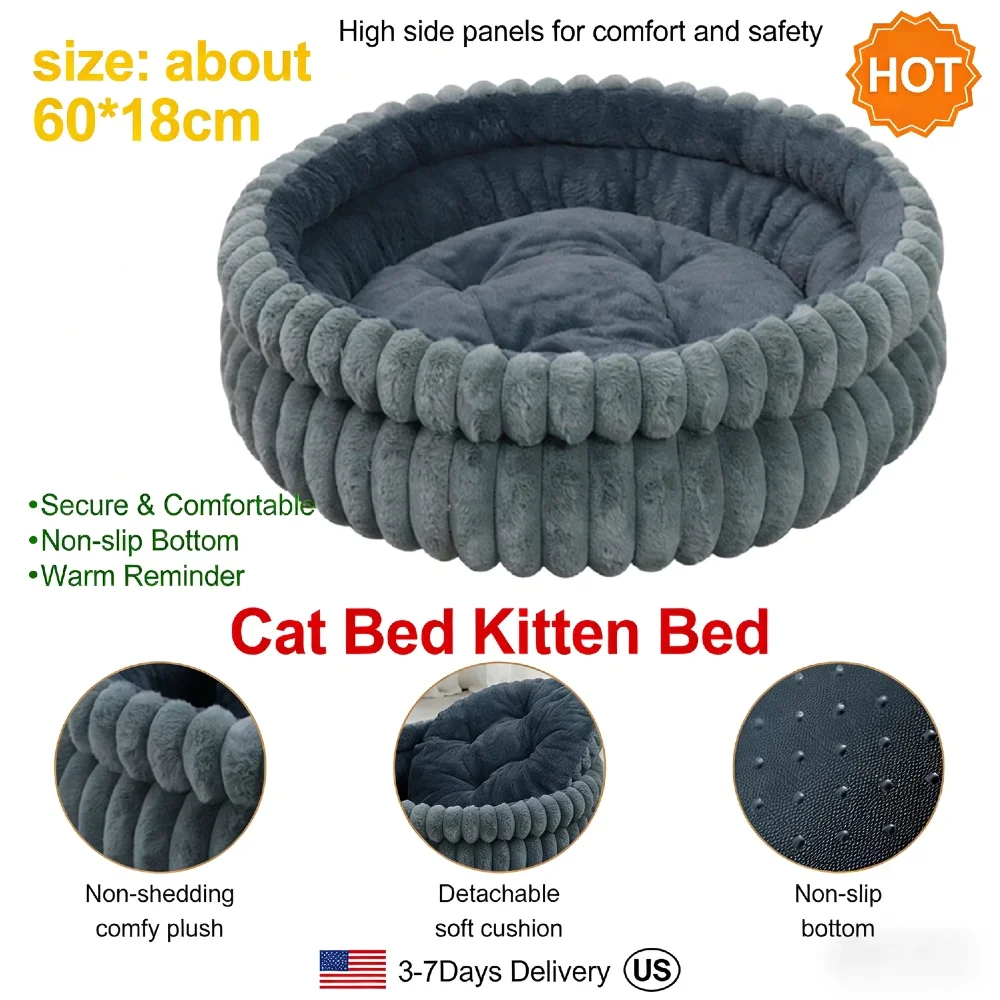 

60CM Round Pet Bed Soft Plush Fur Washable Anti-Slip Bottom 15KG Capacity Shed-Resistant Dog Cat Bed with Raised Neck Support