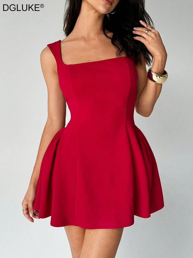 DGLUKE Square Neck Corset Mini Dress Fashion Red Christmas New Year Dresses Women Backless Pleated A-line Party Dress