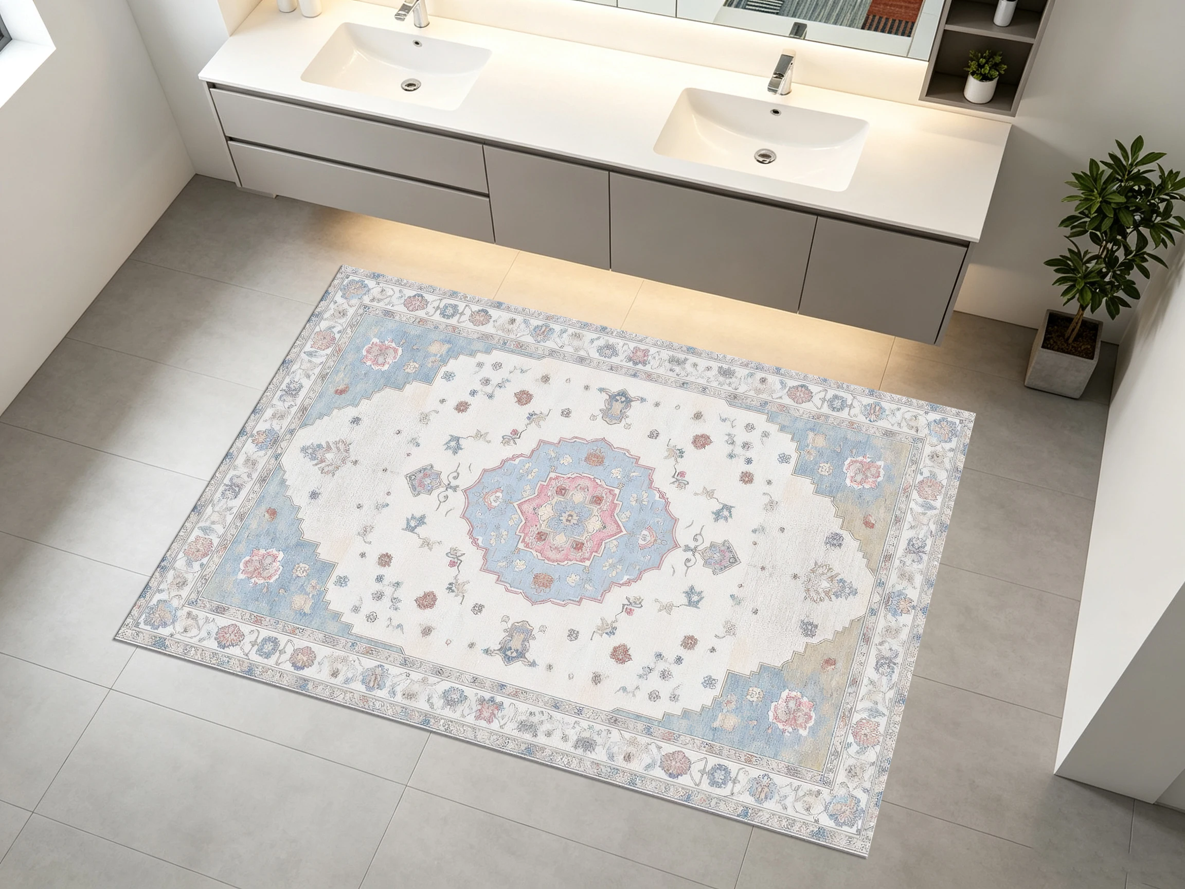 Retro Persian Diamond Pattern 2D Rug, Beige & Blue European Retro Style, Soft & Skin-Friendly, for Living Room & Bedroom