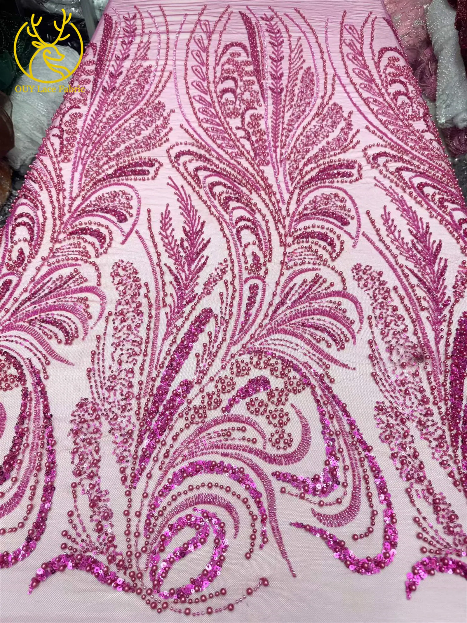 Orangefarbener Perlen-Spitzenstoff, afrikanischer Spitzenstoff, 5 Yards, hochwertige französische Netz-Pailletten-Spitze für Kleider, Heimdekoration, Nähen – Detail 4