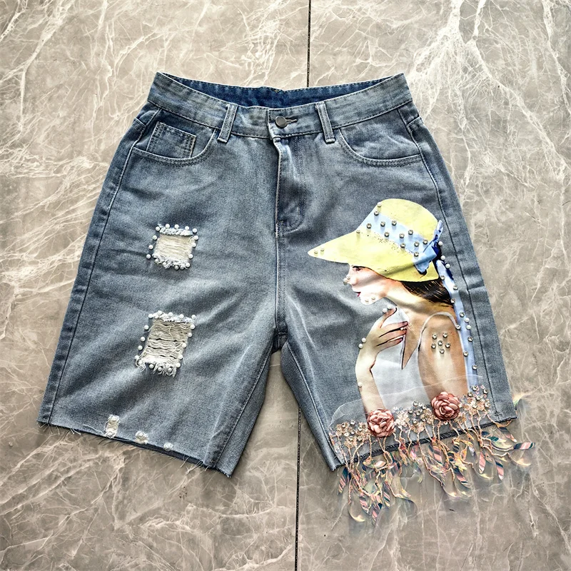 Pantaloncini di jeans Donna Industria pesante Mappa di bellezza Nappa Paillettes Perline Foro rotto Pantaloncini di jeans a cinque punti Pantaloni dritti estivi Y2K