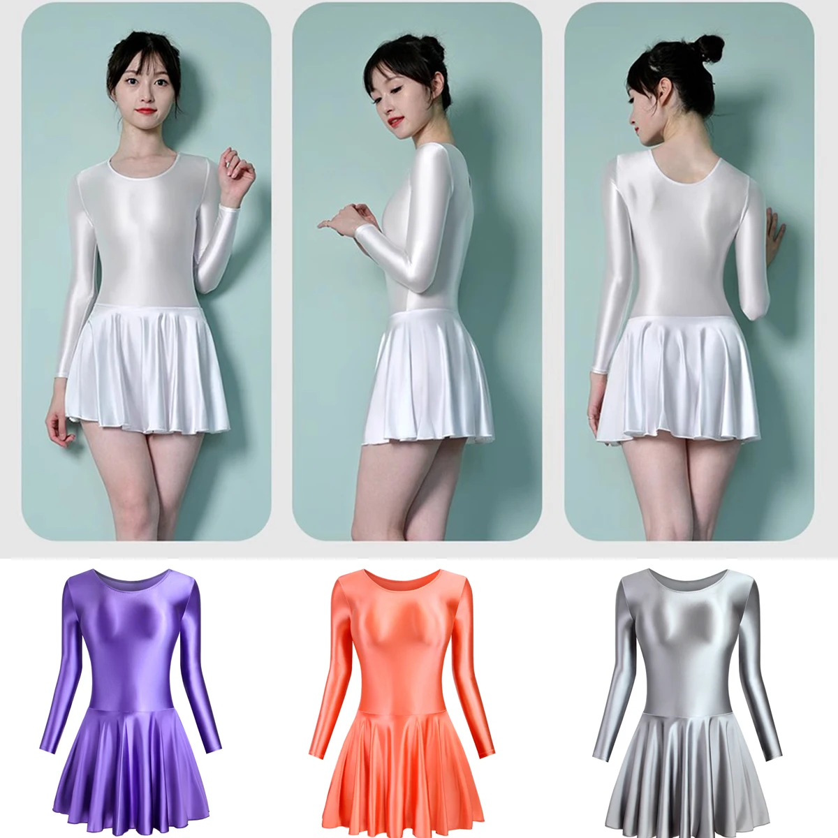 MJINM ผู้หญิงแขนยาว Silky ซาตินชุดเข้ารูปน้ํามันเคลือบเงายืดสูง One ชิ้น Casual Smooth โยคะบัลเล่ต์จีบกระโปรง